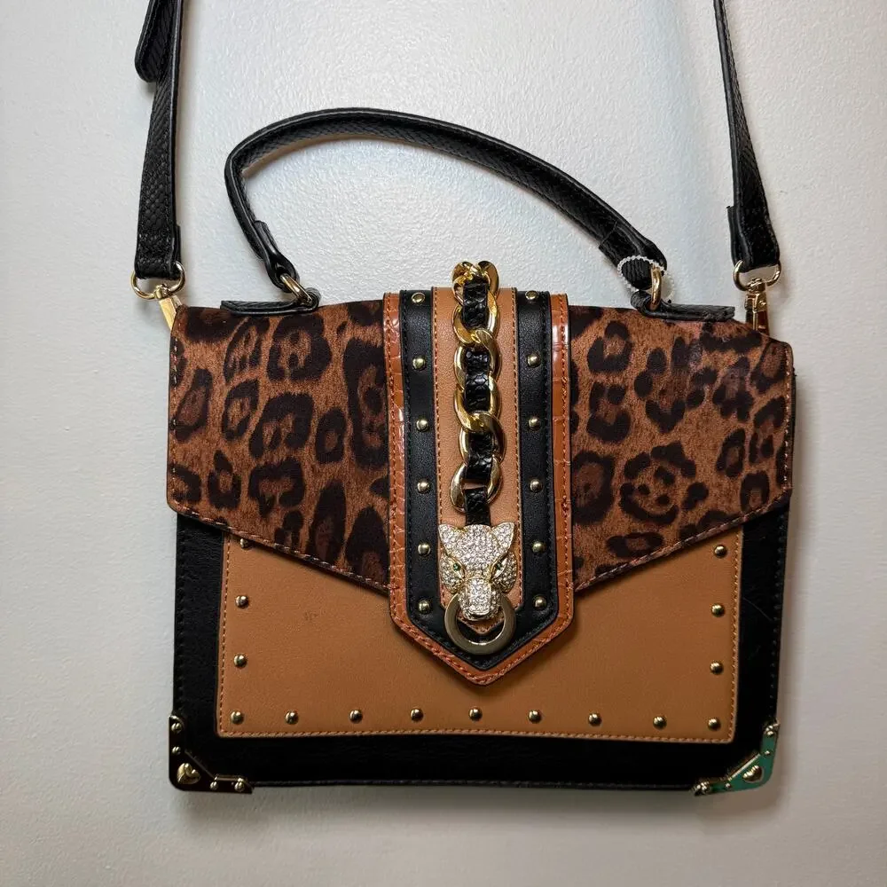Aldo Baro Top Handle Bag Crossbody Purse Jeweled Cat Cheetah Print